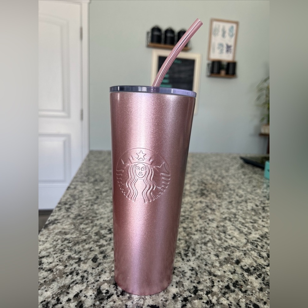 Starbucks 2019 Sparkling Pink Stainless Steel Cold Cup Tumbler with Straw. 24oz